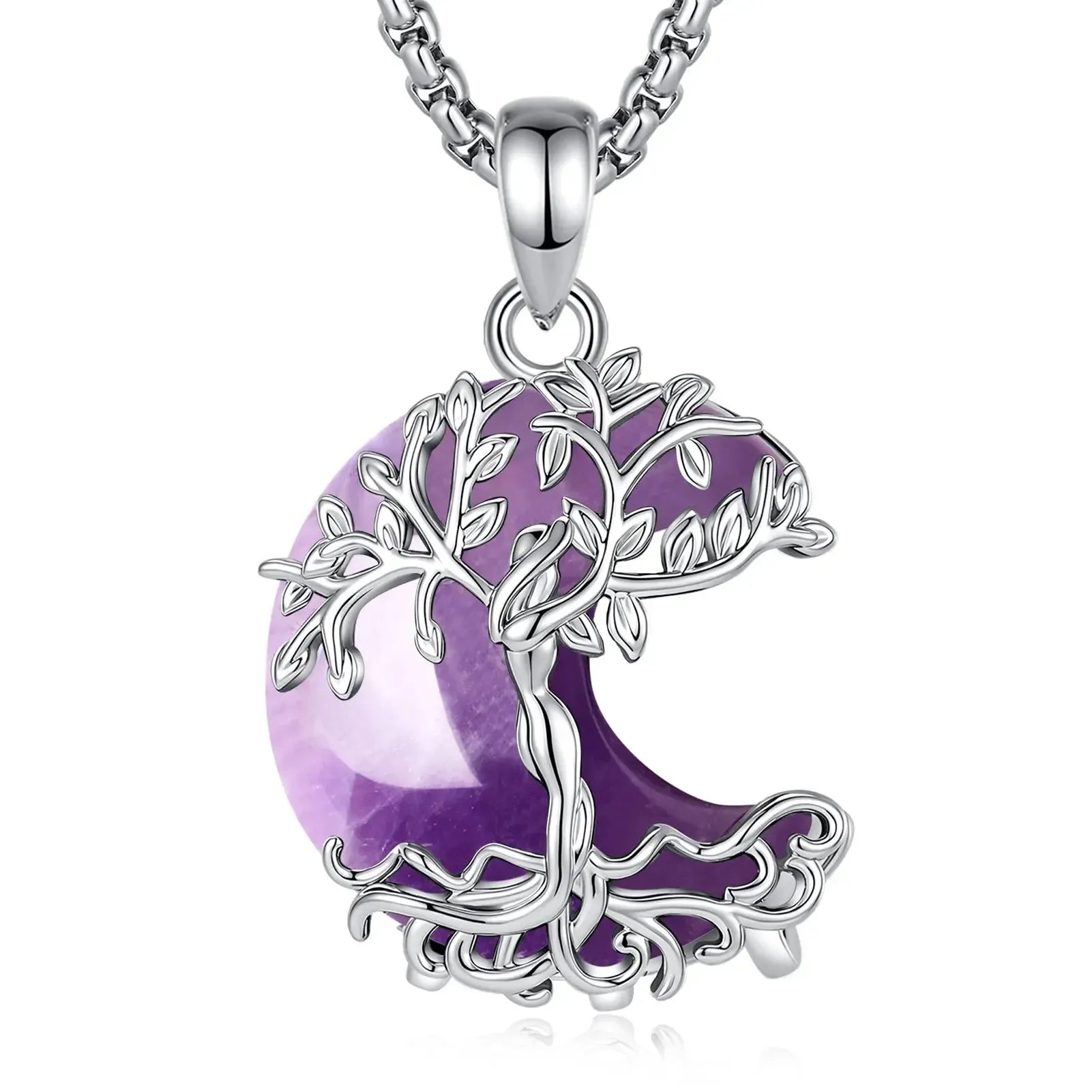 925 Sterling Silver Tree of Life pendant necklace with purple amethyst crescent moon gemstone and chain