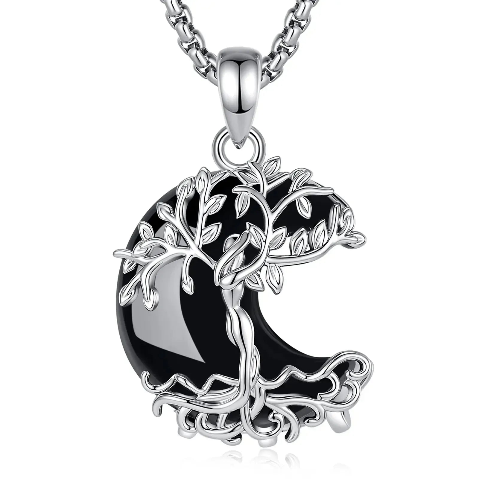 925 Sterling Silver Tree of Life pendant necklace with black obsidian crescent moon gemstone and chain