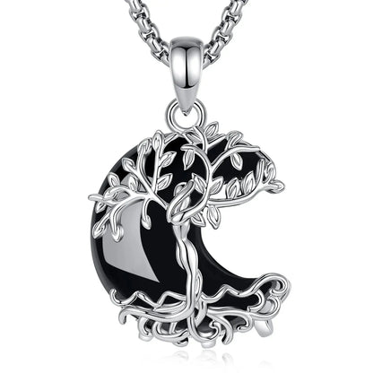 925 Sterling Silver Tree of Life pendant necklace with black obsidian crescent moon gemstone and chain