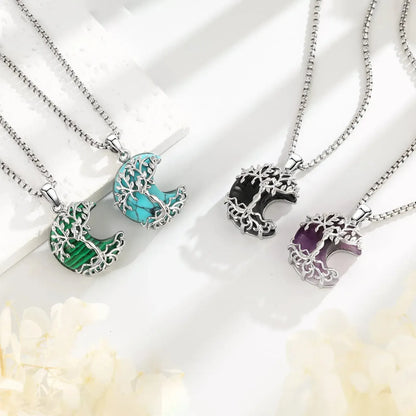 Four Tree of Life crescent moon necklaces in malachite, turquoise, obsidian and amethyst stone colors