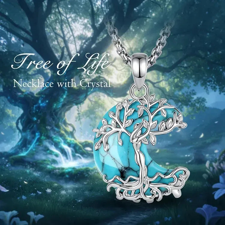 Tree of Life crystal necklace banner with turquoise crescent moon pendant on mystical forest background