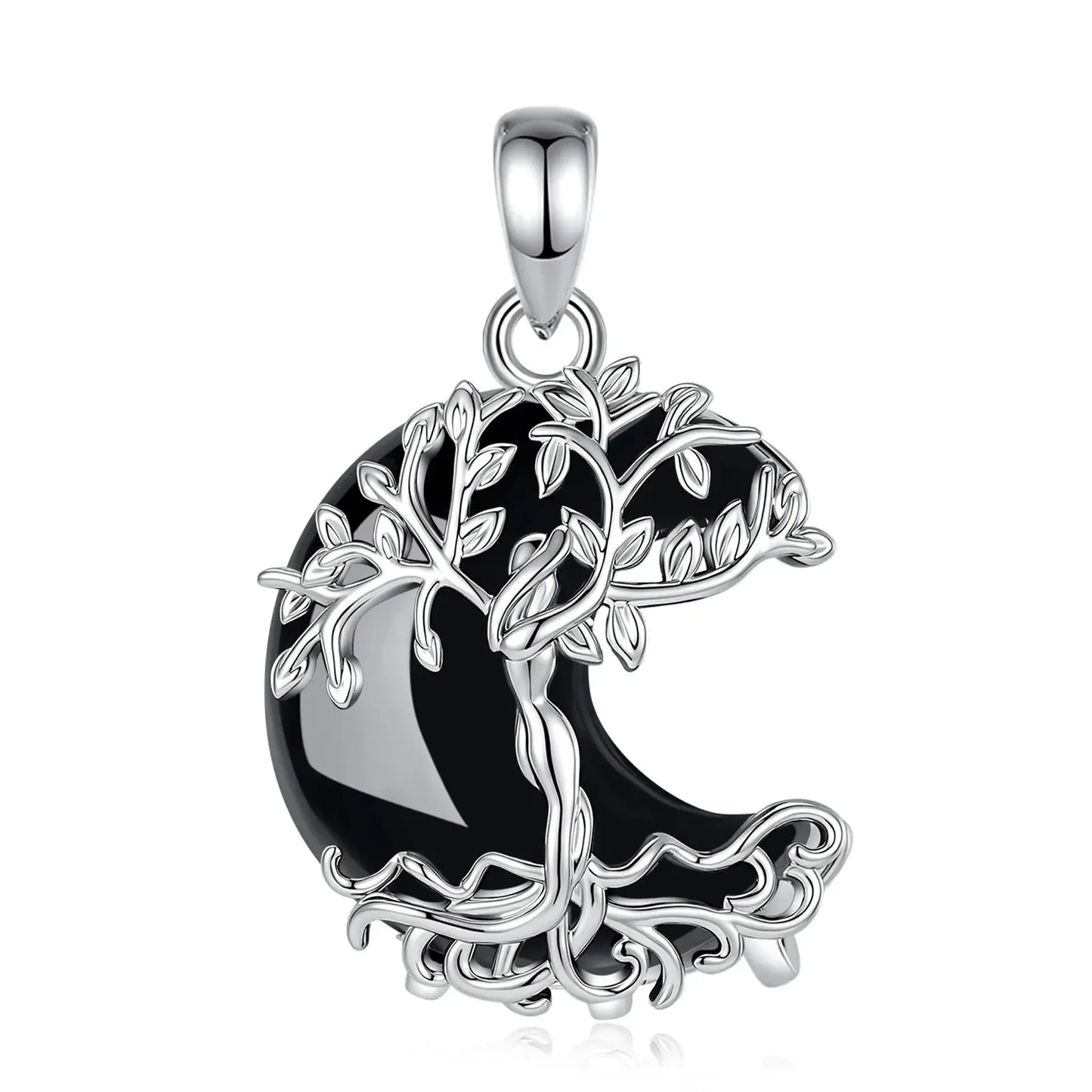 Close-up of silver Tree of Life crescent moon pendant with black obsidian stone, chain detached