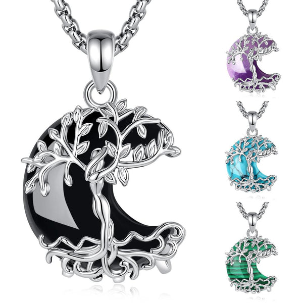 Silver crescent moon pendant necklace with an inlaid tree of life design and black enamel, shown on a white background with four color options on the right (purple, blue, green, and black).