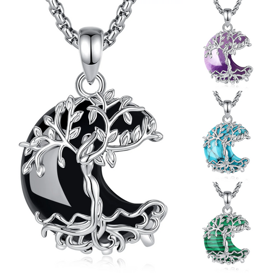 Silver crescent moon pendant necklace with an inlaid tree of life design and black enamel, shown on a white background with four color options on the right (purple, blue, green, and black).