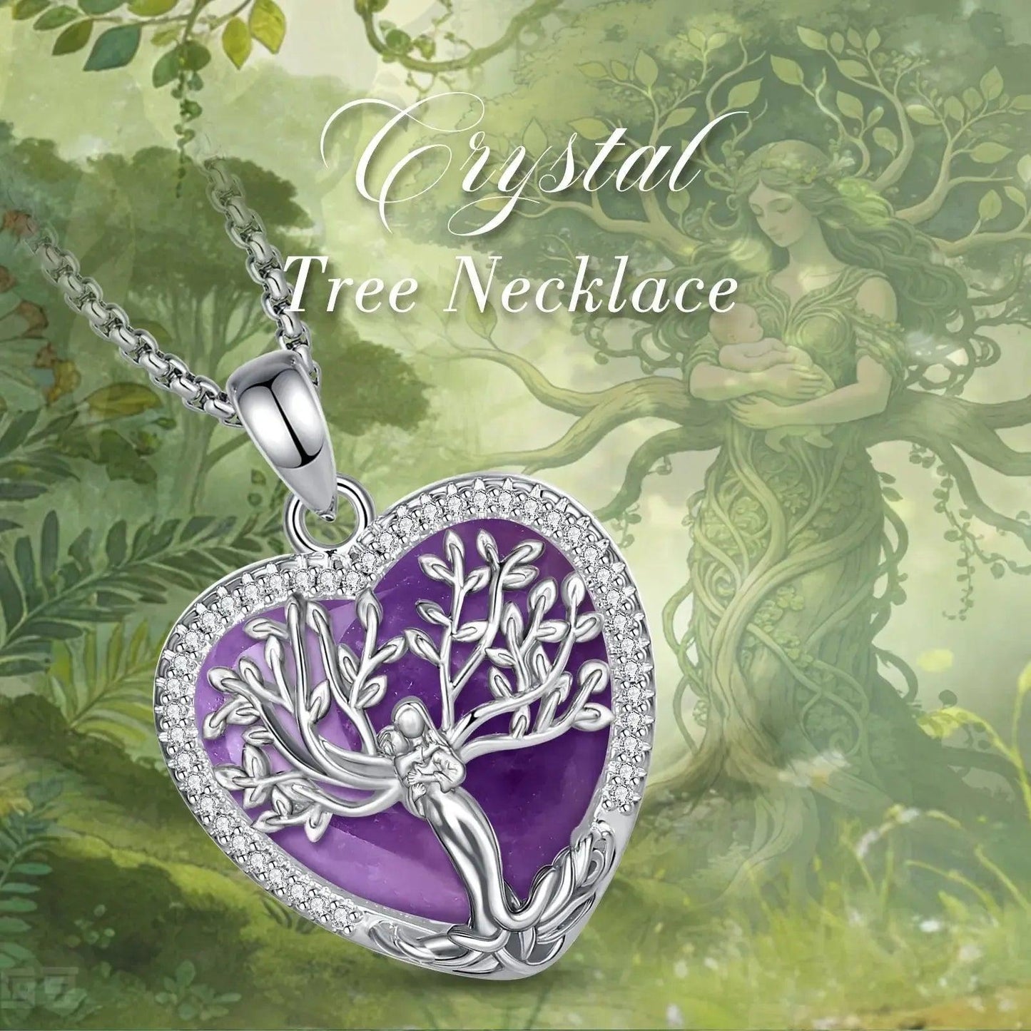 925 Silver Tree of Life Goddess Necklace - Healing Stone Amethyst Crystal Heart Pendant Pagan Spiritual Jewelry Mother’s Day Gift-MoonChildWorld