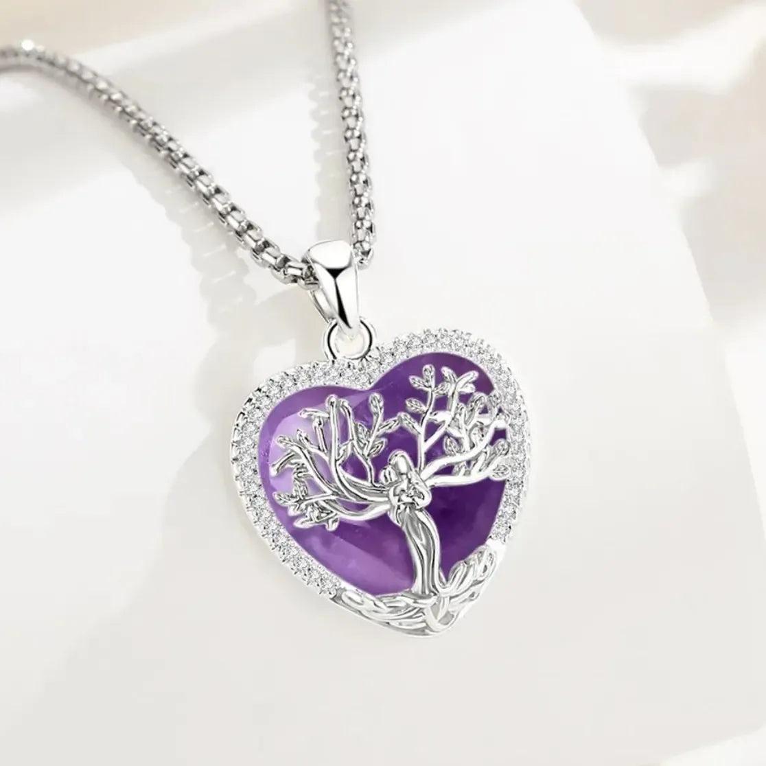 925 Silver Tree of Life Goddess Necklace - Healing Stone Amethyst Crystal Heart Pendant Pagan Spiritual Jewelry Mother’s Day Gift-MoonChildWorld