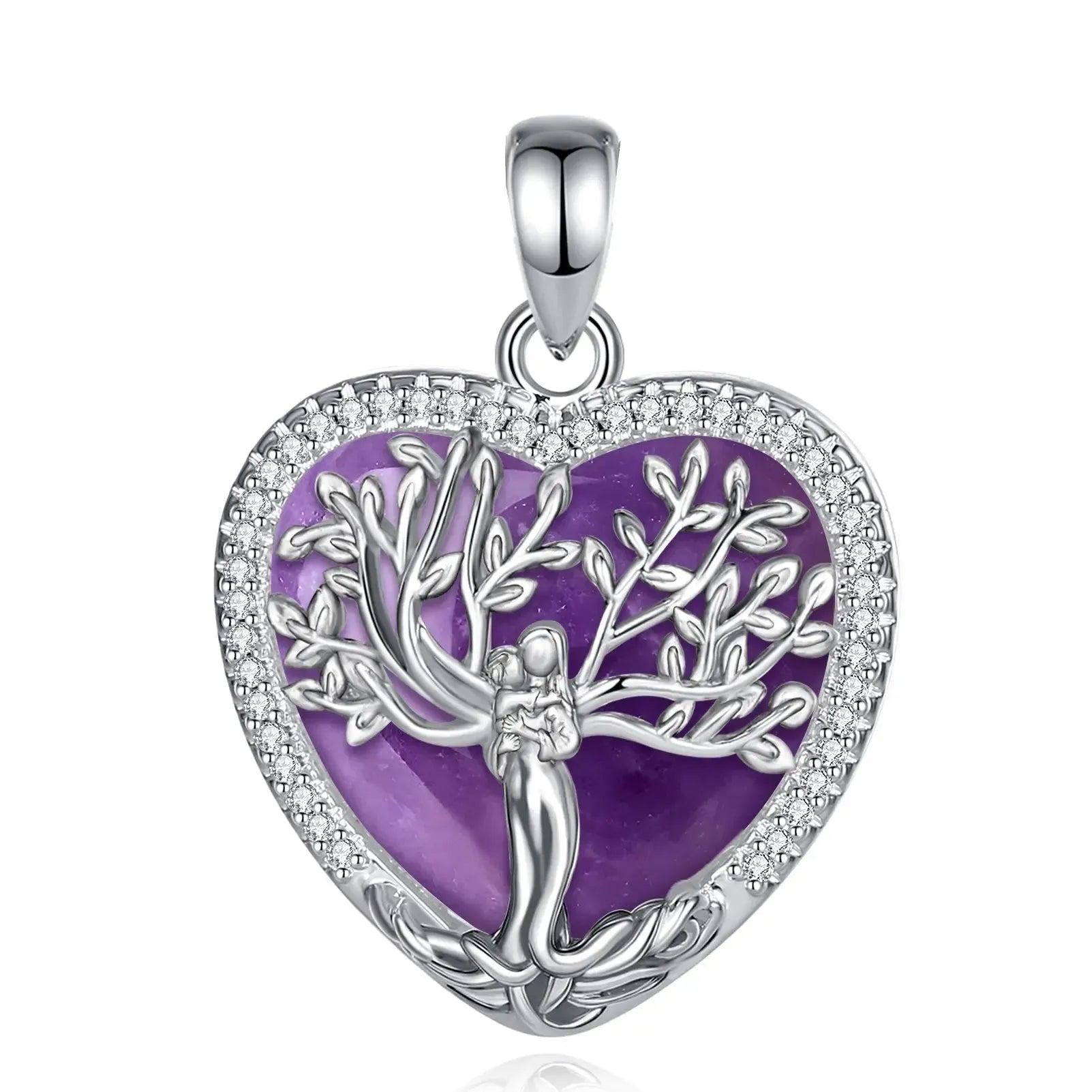925 Silver Tree of Life Goddess Necklace - Healing Stone Amethyst Crystal Heart Pendant Pagan Spiritual Jewelry Mother’s Day Gift-MoonChildWorld