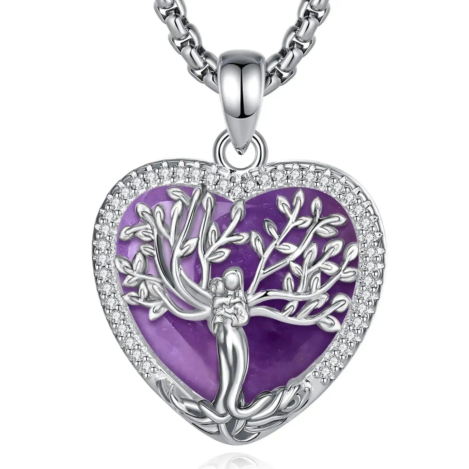 925 Silver Tree of Life Goddess Necklace - Healing Stone Amethyst Crystal Heart Pendant Pagan Spiritual Jewelry Mother’s Day Gift-MoonChildWorld