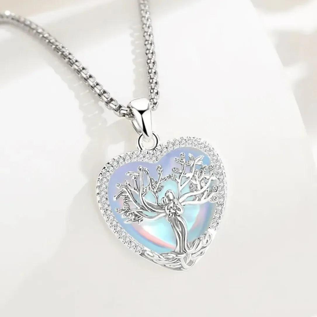 925 Silver Tree of Life Goddess Necklace - Healing Stone Moonstone Crystal Heart Pendant Pagan Spiritual Jewelry Mother’s Day Gift-MoonChildWorld