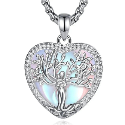 925 Silver Tree of Life Goddess Necklace - Healing Stone Moonstone Crystal Heart Pendant Pagan Spiritual Jewelry Mother’s Day Gift-MoonChildWorld
