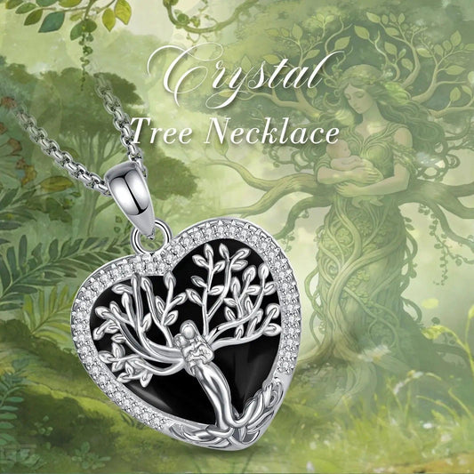 925 Silver Tree of Life Goddess Necklace - Healing Stone Obsidian Crystal Heart Pendant Pagan Spiritual Jewelry Mother’s Day Gift-MoonChildWorld