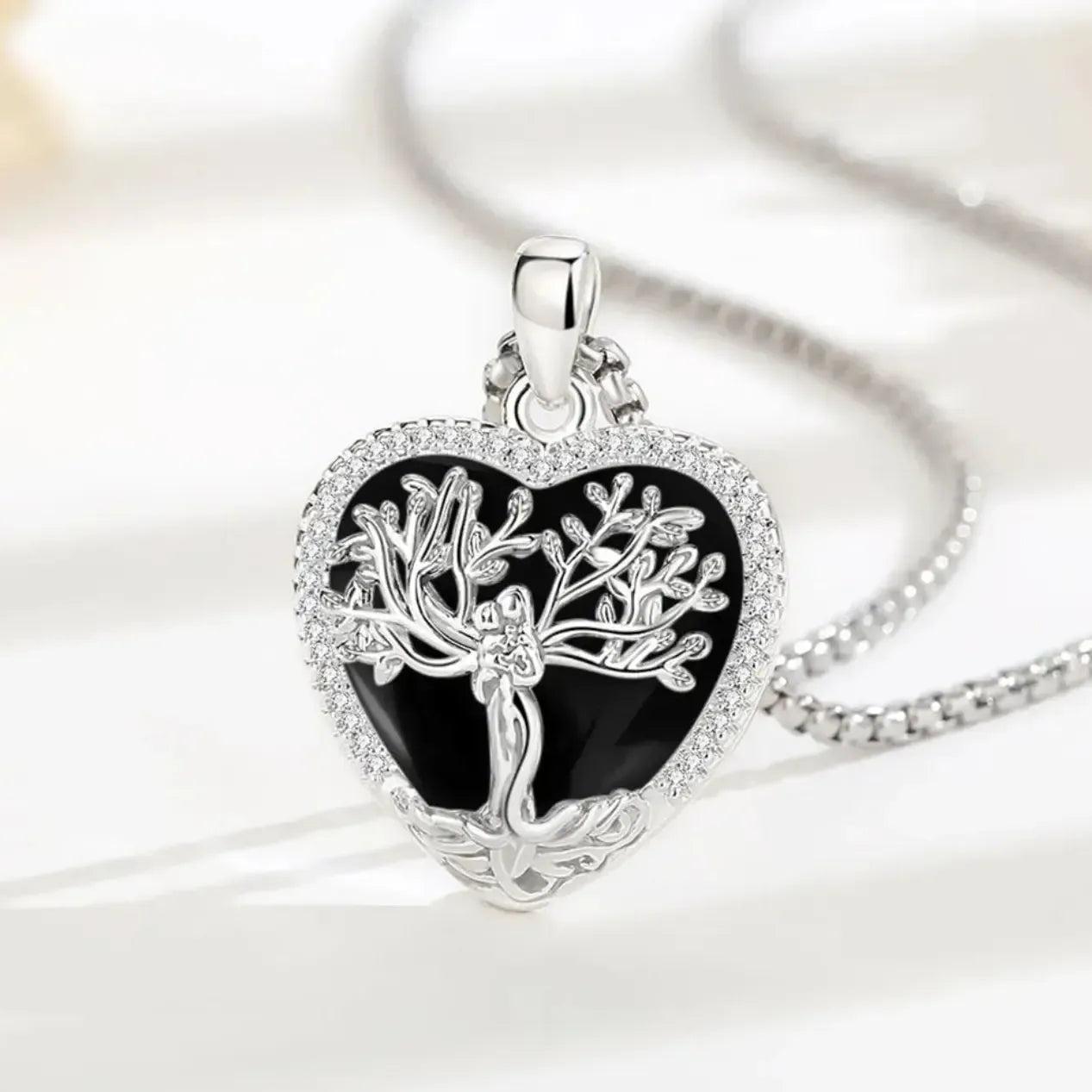 925 Silver Tree of Life Goddess Necklace - Healing Stone Obsidian Crystal Heart Pendant Pagan Spiritual Jewelry Mother’s Day Gift-MoonChildWorld