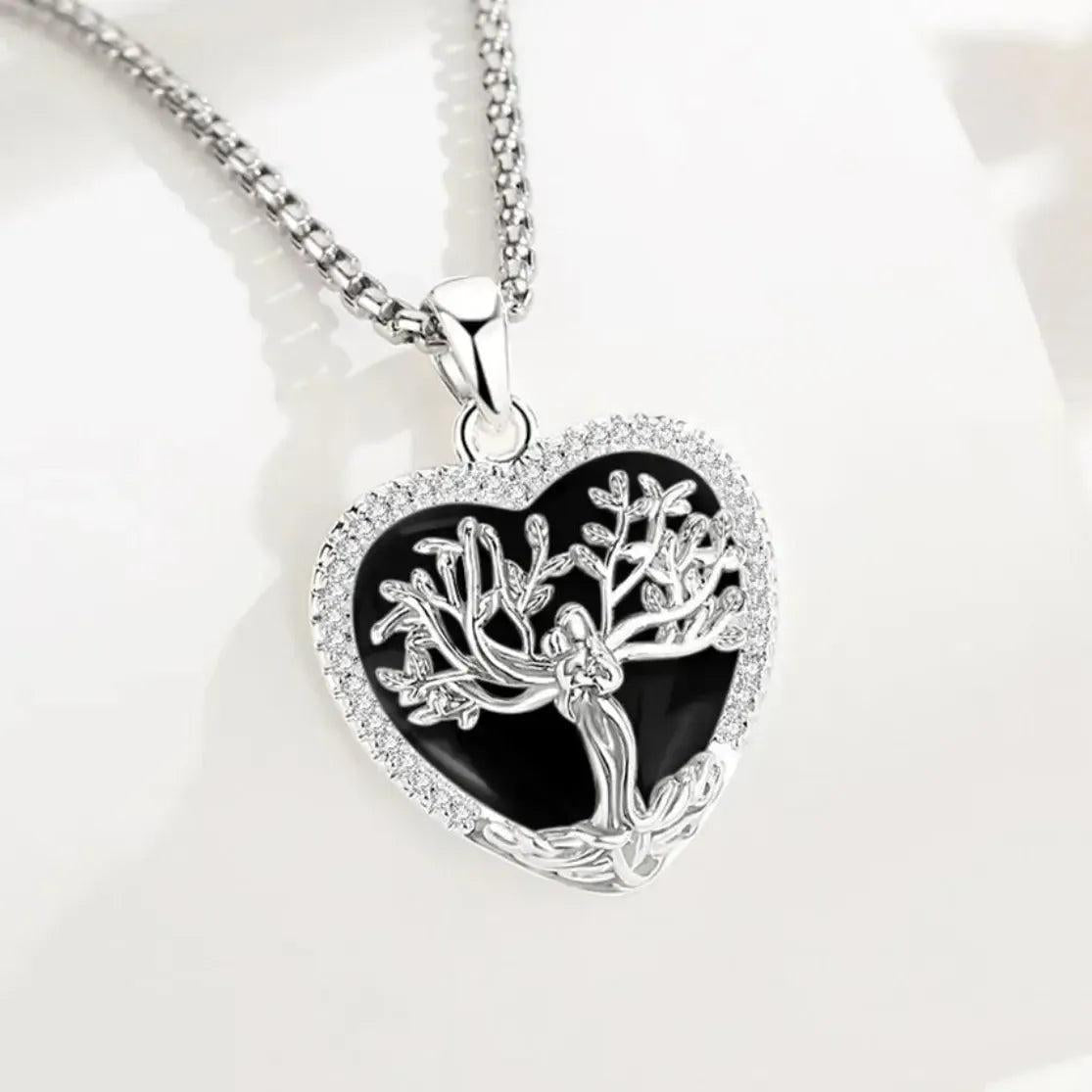 925 Silver Tree of Life Goddess Necklace - Healing Stone Obsidian Crystal Heart Pendant Pagan Spiritual Jewelry Mother’s Day Gift-MoonChildWorld