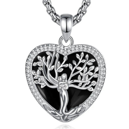 925 Silver Tree of Life Goddess Necklace - Healing Stone Obsidian Crystal Heart Pendant Pagan Spiritual Jewelry Mother’s Day Gift-MoonChildWorld