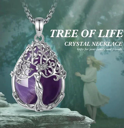 925 Silver Tree of Life Pagan Goddess Necklace with Amethyst Healing Crystal Stone Spiritual Jewelry-MoonChildWorld