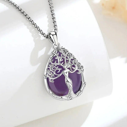 925 Silver Tree of Life Pagan Goddess Necklace with Amethyst Healing Crystal Stone Spiritual Jewelry-MoonChildWorld