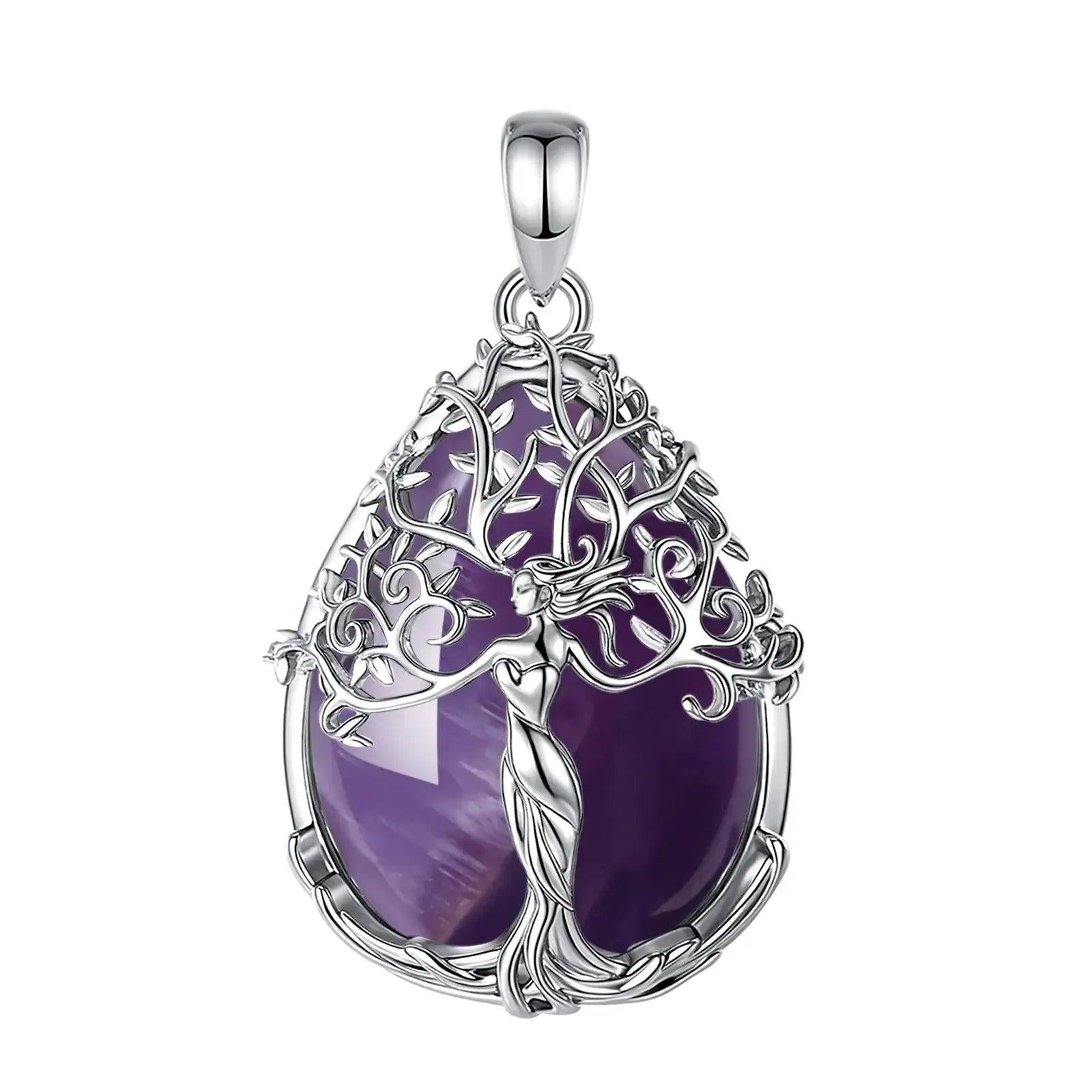 925 Silver Tree of Life Pagan Goddess Necklace with Amethyst Healing Crystal Stone Spiritual Jewelry-MoonChildWorld