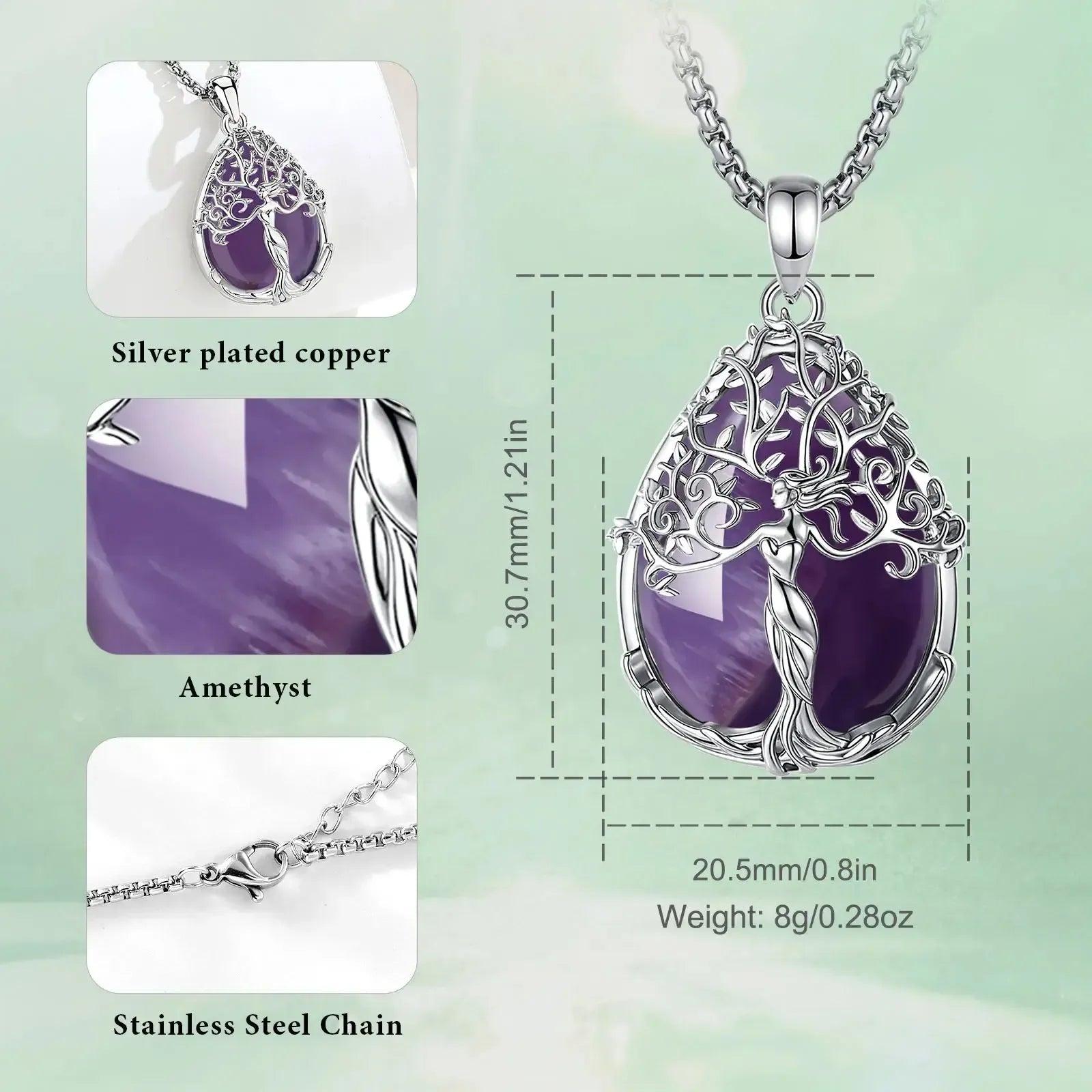 925 Silver Tree of Life Pagan Goddess Necklace with Amethyst Healing Crystal Stone Spiritual Jewelry-MoonChildWorld