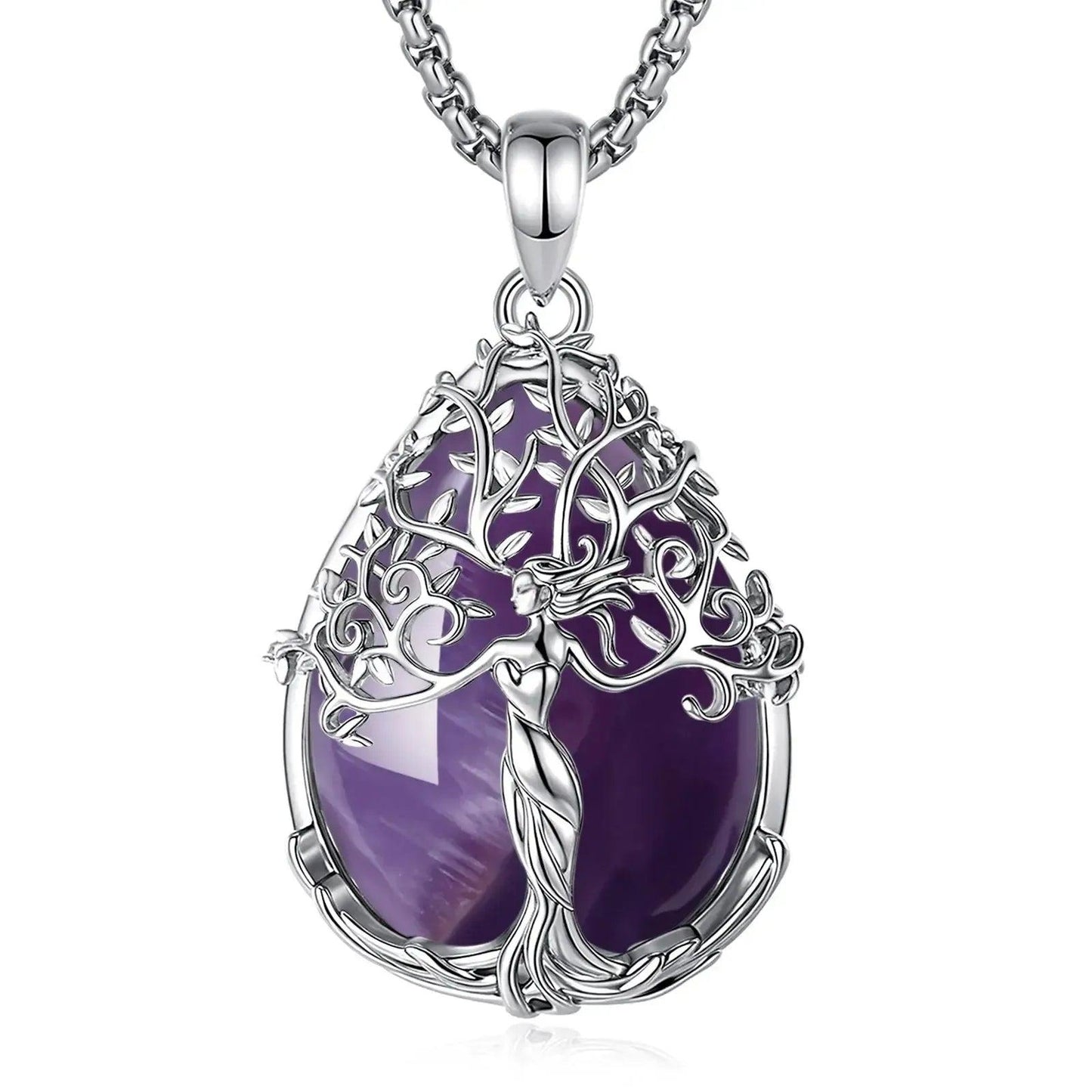 925 Silver Tree of Life Pagan Goddess Necklace with Amethyst Healing Crystal Stone Spiritual Jewelry-MoonChildWorld