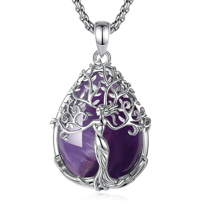 925 Silver Tree of Life Pagan Goddess Necklace with Amethyst Healing Crystal Stone Spiritual Jewelry-MoonChildWorld