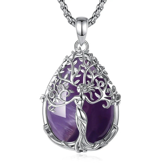 925 Silver Tree of Life Pagan Goddess Necklace with Amethyst Healing Crystal Stone Spiritual Jewelry-MoonChildWorld