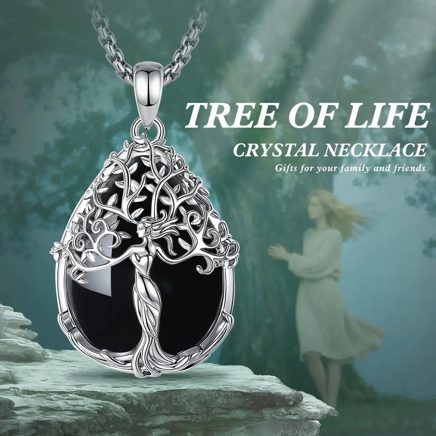 925 Silver Tree of Life Pagan Goddess Necklace with Obsidian Healing Crystal Stone Spiritual Jewelry-MoonChildWorld