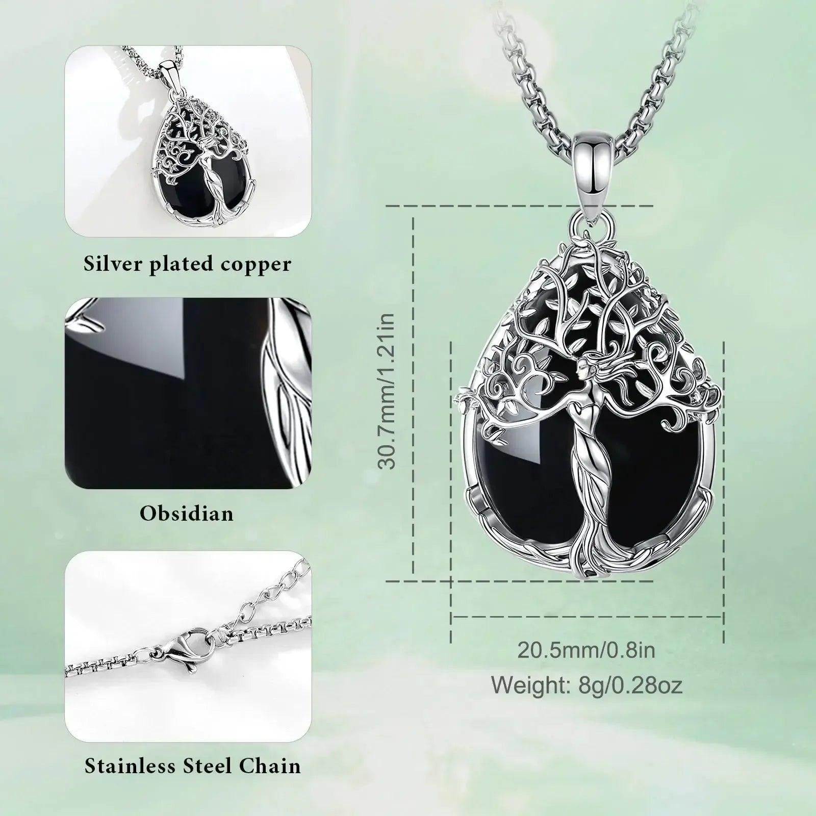925 Silver Tree of Life Pagan Goddess Necklace with Obsidian Healing Crystal Stone Spiritual Jewelry-MoonChildWorld