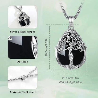925 Silver Tree of Life Pagan Goddess Necklace with Obsidian Healing Crystal Stone Spiritual Jewelry-MoonChildWorld