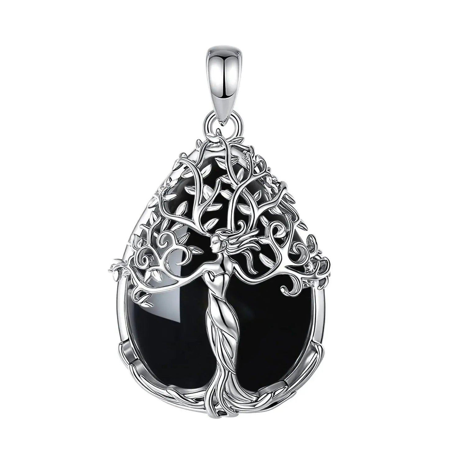925 Silver Tree of Life Pagan Goddess Necklace with Obsidian Healing Crystal Stone Spiritual Jewelry-MoonChildWorld