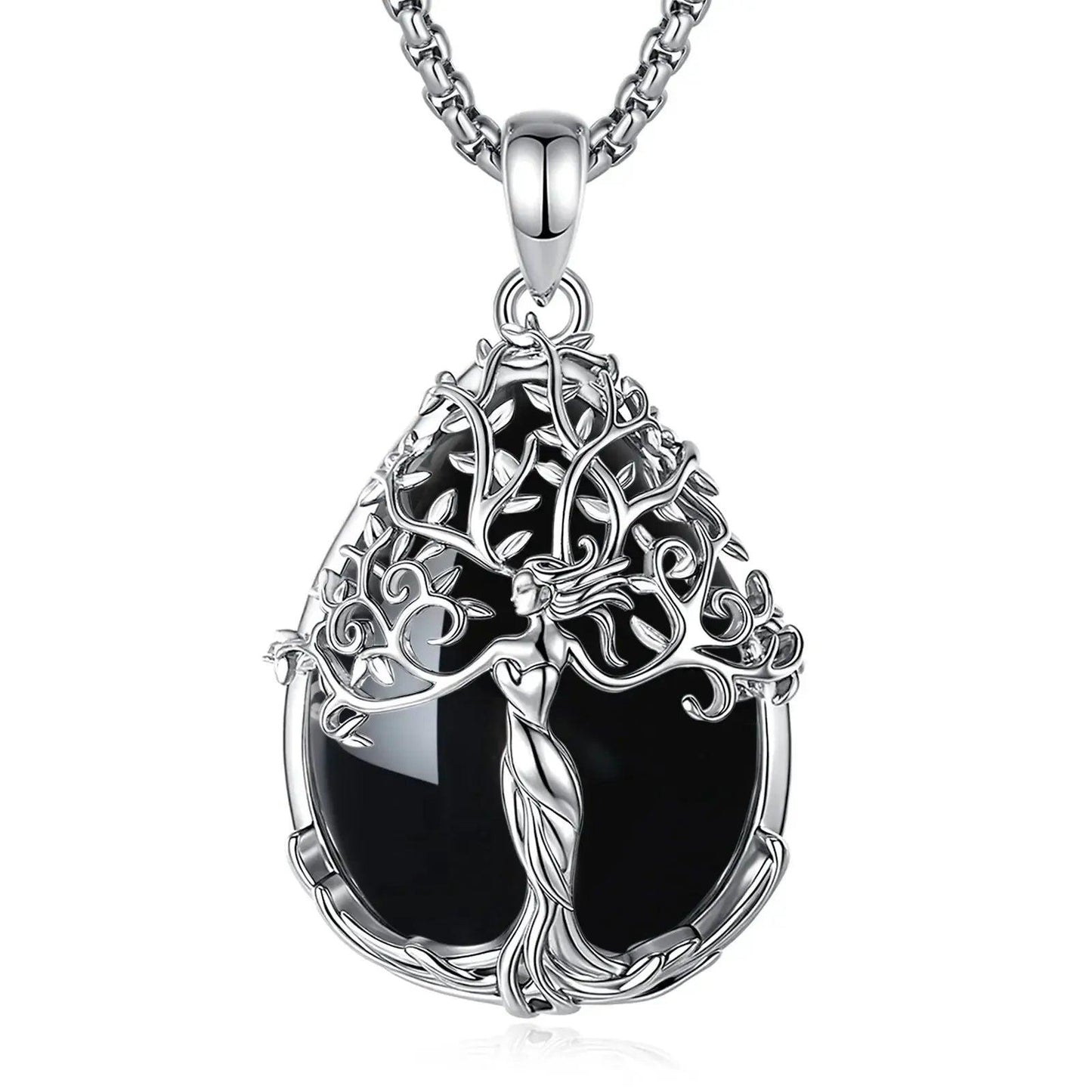 925 Silver Tree of Life Pagan Goddess Necklace with Obsidian Healing Crystal Stone Spiritual Jewelry-MoonChildWorld