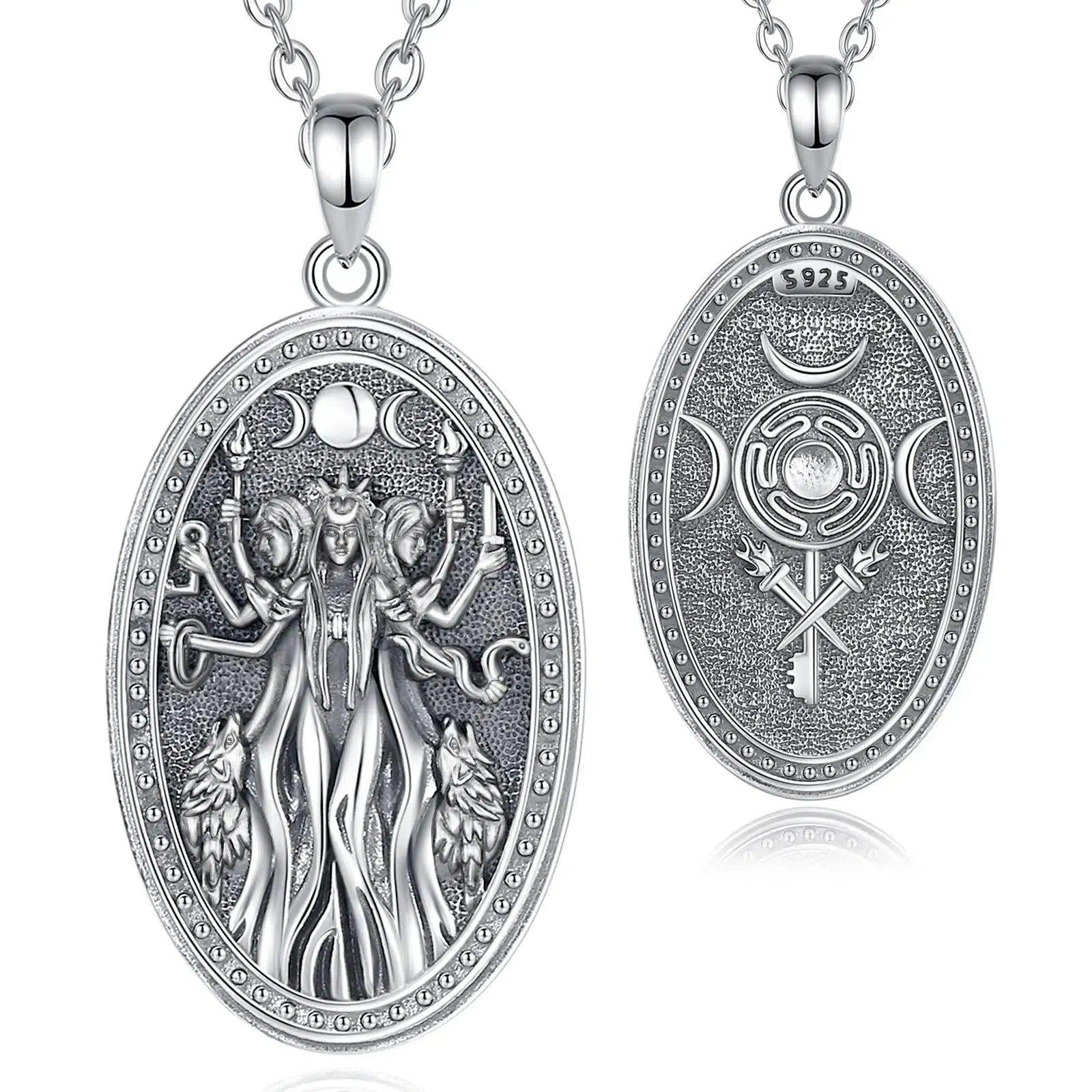 925 silver oval Hecate Triple Moon Goddess necklace with wolves and key design.