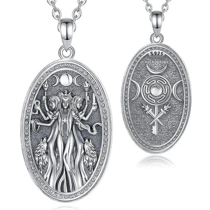 925 silver oval Hecate Triple Moon Goddess necklace with wolves and key design.