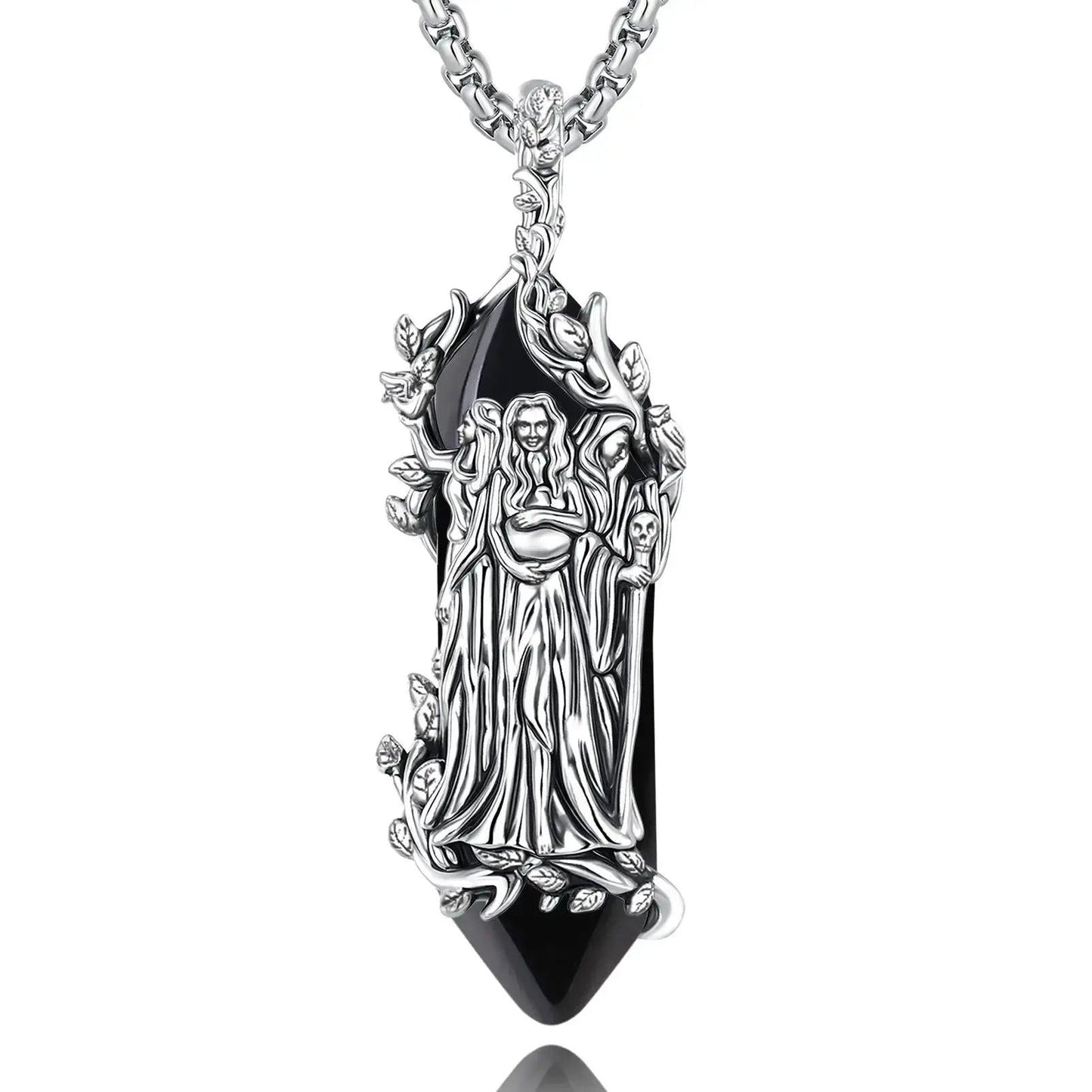 925 Silver Triple Moon Goddess Necklace Natural Amethyst & Obsidian Hecate Goddess Pendant Wicca Pagan Jewelry-MoonChildWorld
