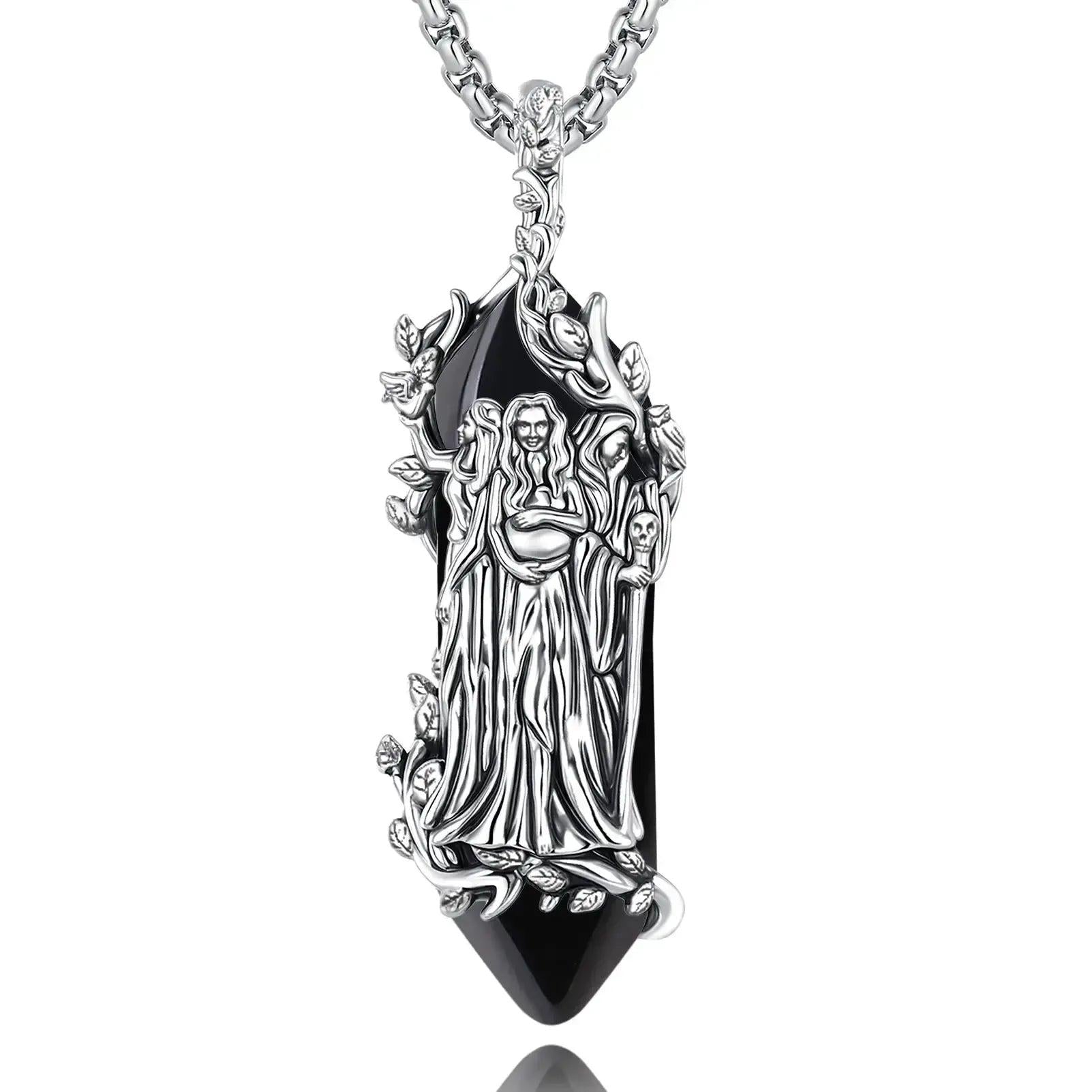 925 Silver Triple Moon Goddess Necklace Natural Amethyst & Obsidian Hecate Goddess Pendant Wicca Pagan Jewelry-MoonChildWorld