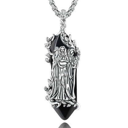 925 Silver Triple Moon Goddess Necklace Natural Amethyst & Obsidian Hecate Goddess Pendant Wicca Pagan Jewelry-MoonChildWorld