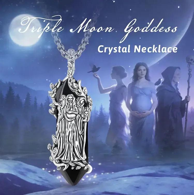 925 Silver Triple Moon Goddess Necklace Natural Amethyst & Obsidian Hecate Goddess Pendant Wicca Pagan Jewelry-MoonChildWorld