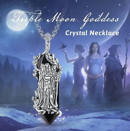 925 Silver Triple Moon Goddess Necklace Natural Amethyst & Obsidian Hecate Goddess Pendant Wicca Pagan Jewelry-MoonChildWorld