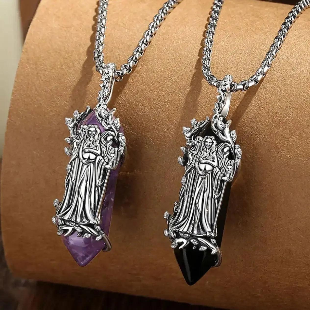 925 Silver Triple Moon Goddess Necklace Natural Amethyst & Obsidian Hecate Goddess Pendant Wicca Pagan Jewelry-MoonChildWorld