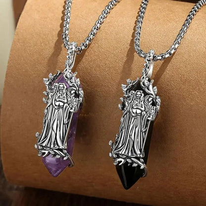 925 Silver Triple Moon Goddess Necklace Natural Amethyst & Obsidian Hecate Goddess Pendant Wicca Pagan Jewelry-MoonChildWorld
