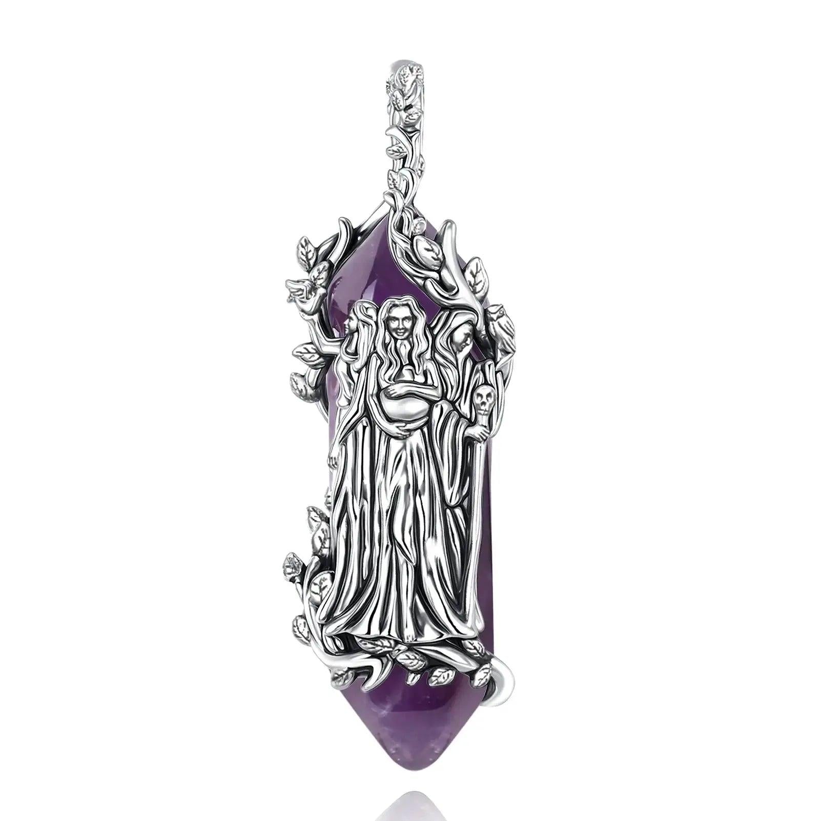 925 Silver Triple Moon Goddess Necklace Natural Amethyst & Obsidian Hecate Goddess Pendant Wicca Pagan Jewelry-MoonChildWorld