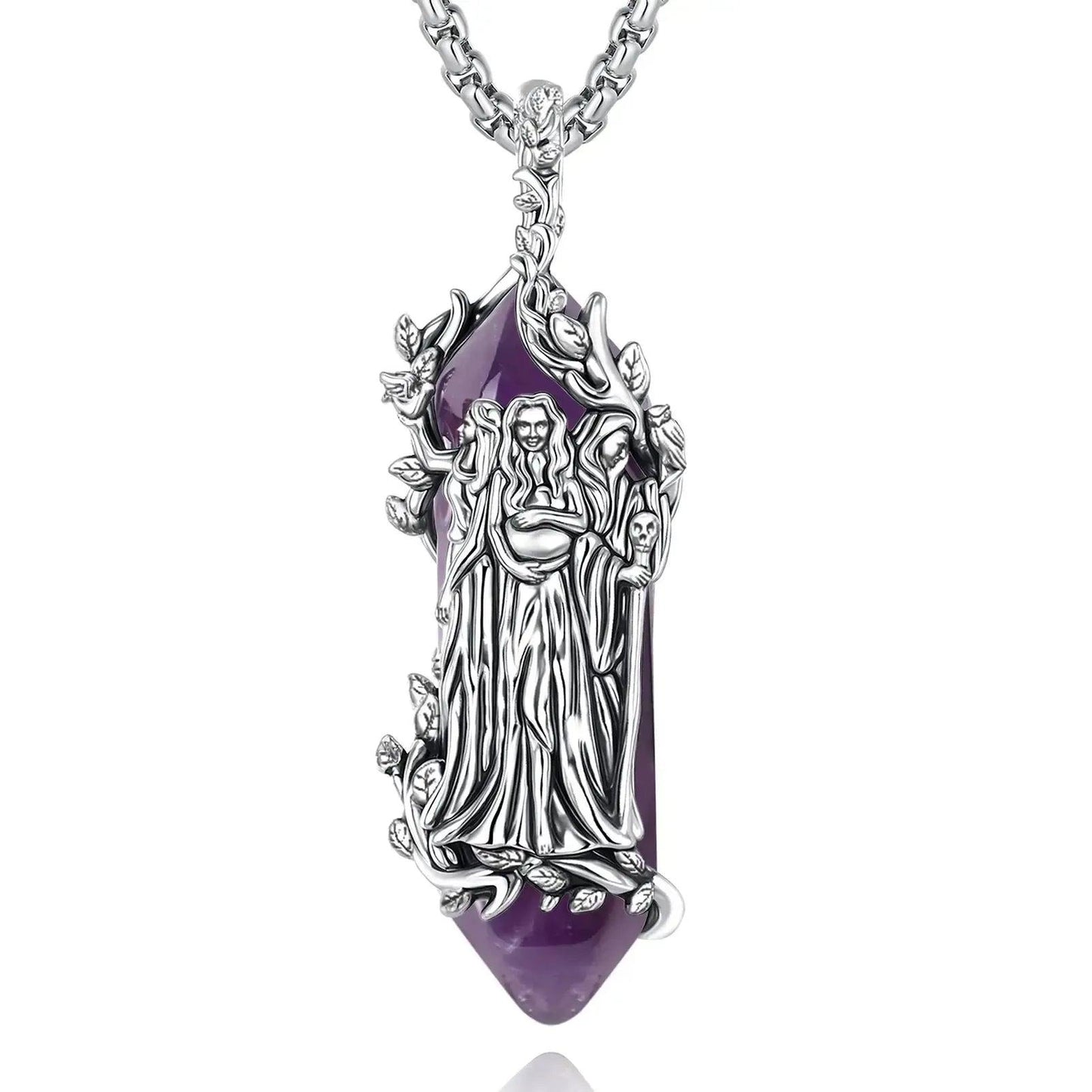 925 Silver Triple Moon Goddess Necklace Natural Amethyst & Obsidian Hecate Goddess Pendant Wicca Pagan Jewelry-MoonChildWorld