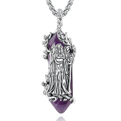 925 Silver Triple Moon Goddess Necklace Natural Amethyst & Obsidian Hecate Goddess Pendant Wicca Pagan Jewelry-MoonChildWorld