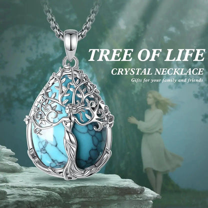 925 Silver Turquoise Tree of Life Necklace Pagan Goddess Healing Stone Crystal Pendant Spiritual Jewelry Mother’s Day Gift-MoonChildWorld