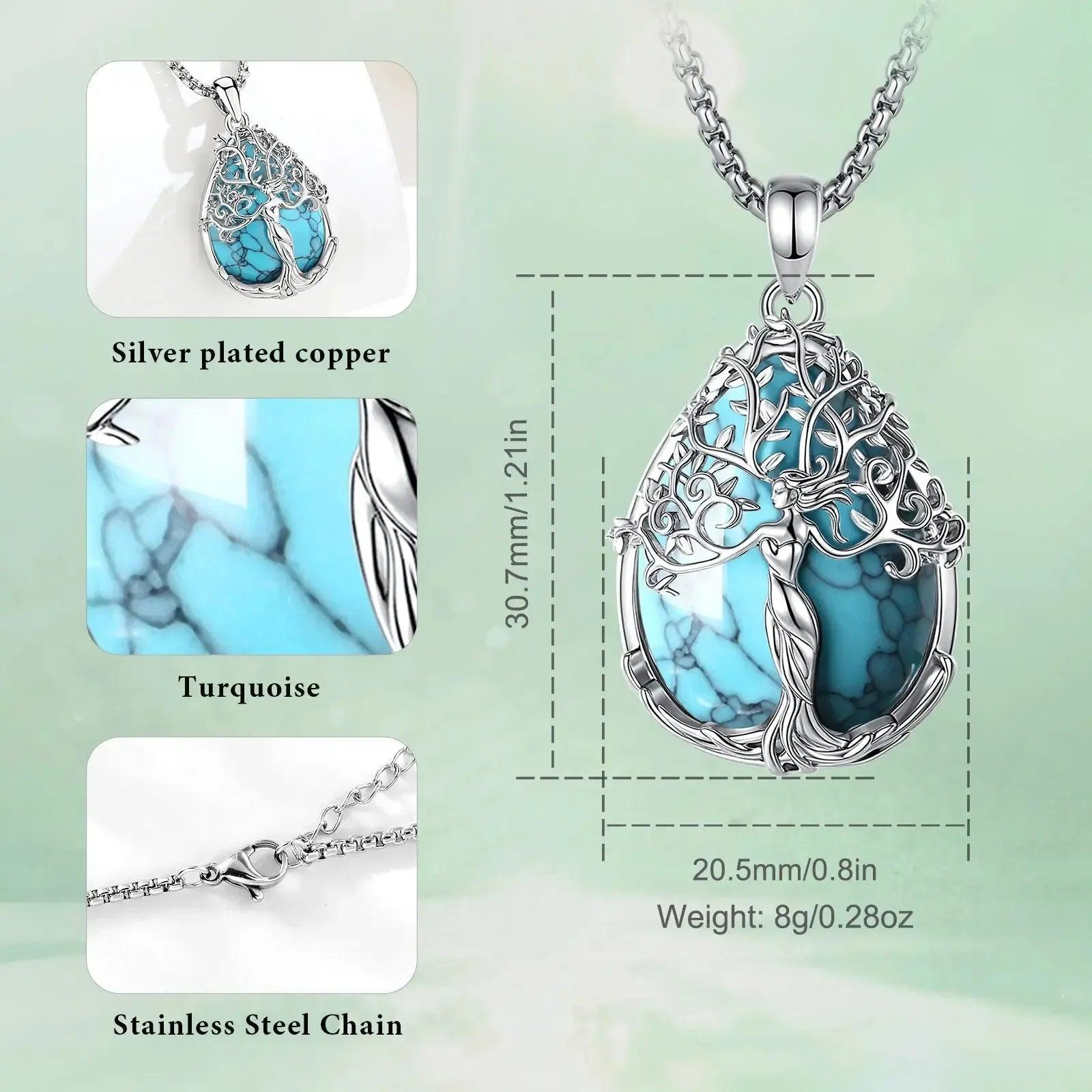 925 Silver Turquoise Tree of Life Necklace Pagan Goddess Healing Stone Crystal Pendant Spiritual Jewelry Mother’s Day Gift-MoonChildWorld