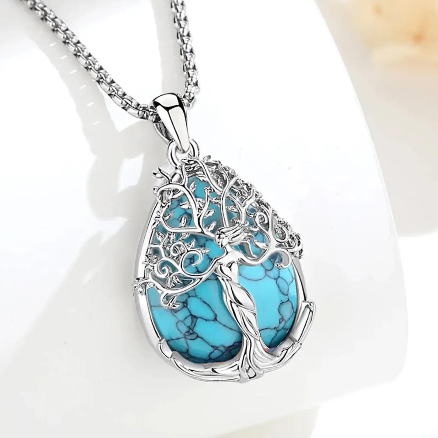 925 Silver Turquoise Tree of Life Necklace Pagan Goddess Healing Stone Crystal Pendant Spiritual Jewelry Mother’s Day Gift-MoonChildWorld