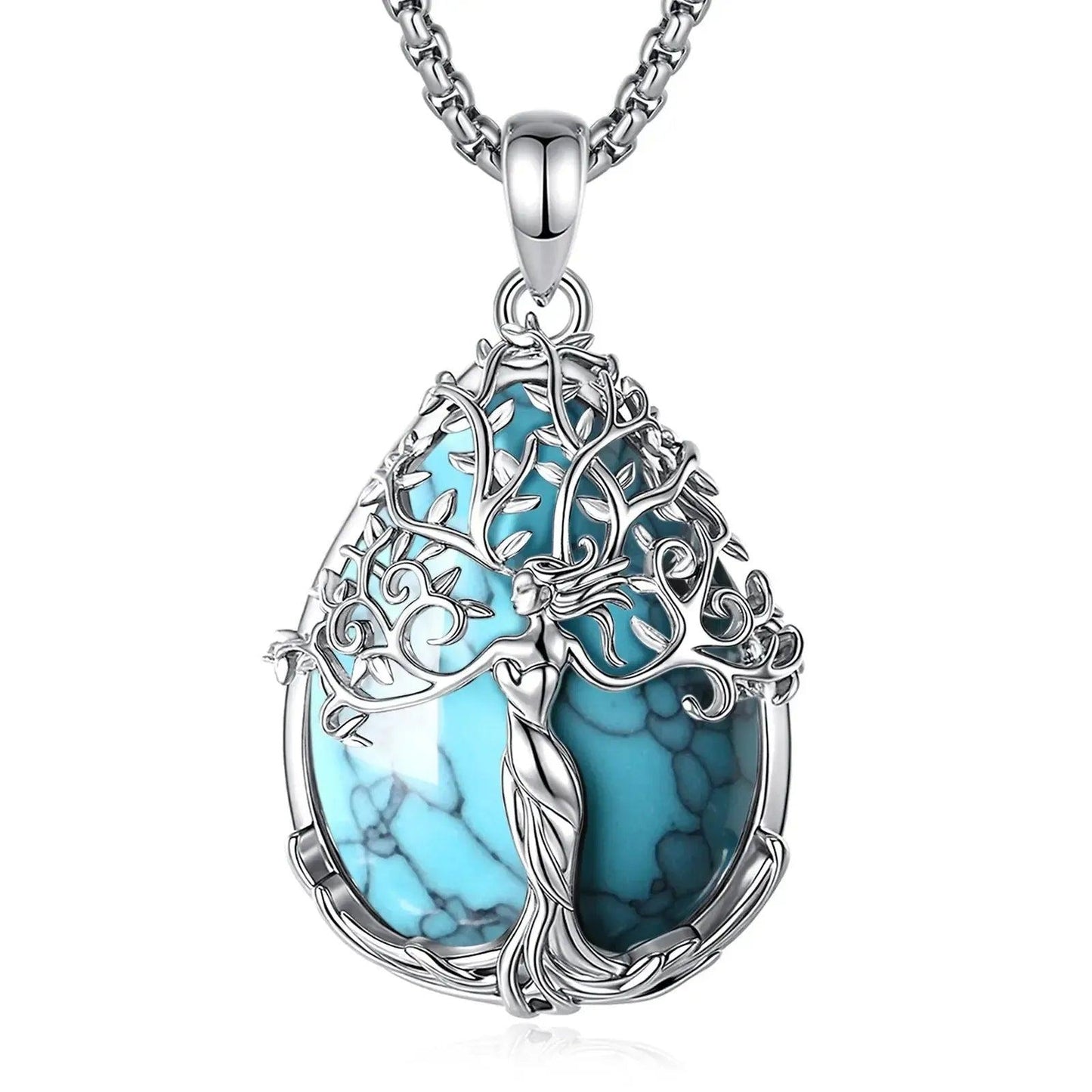 925 Silver Turquoise Tree of Life Necklace Pagan Goddess Healing Stone Crystal Pendant Spiritual Jewelry Mother’s Day Gift-MoonChildWorld