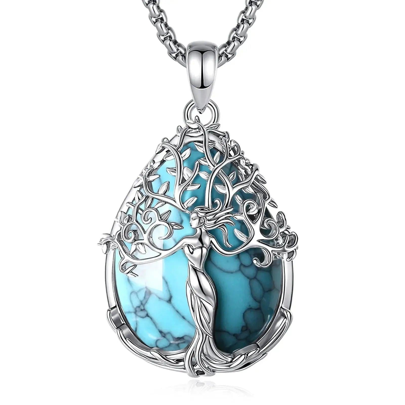 925 Silver Turquoise Tree of Life Necklace Pagan Goddess Healing Stone Crystal Pendant Spiritual Jewelry Mother’s Day Gift-MoonChildWorld