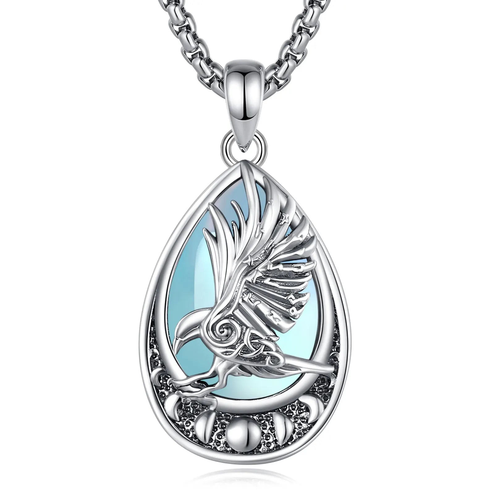 Viking raven runes moon phase necklace with moonstone crow pendant – Norse Pagan sterling silver jewellery