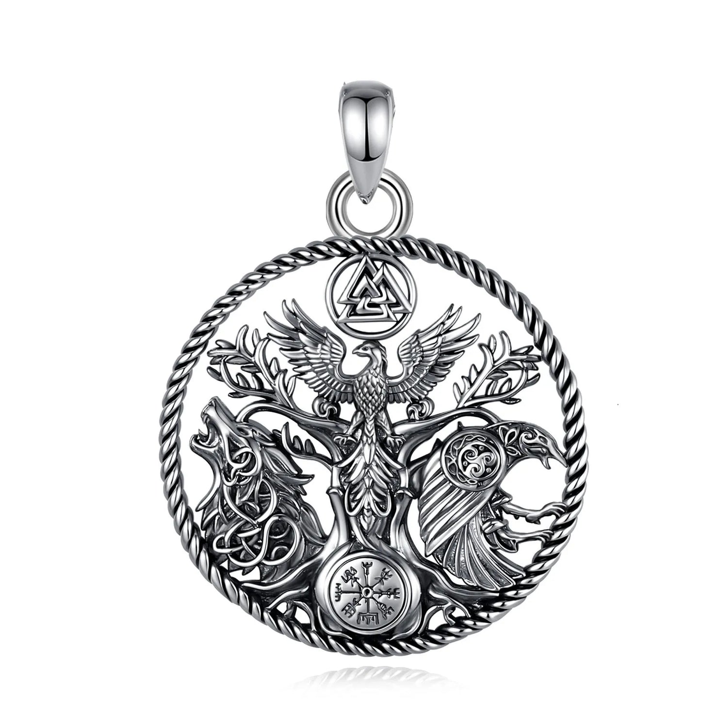 925 Silver Viking Raven Wolf Necklace – Phoenix Tree of Life Compass Norse Pendant-MoonChildWorld