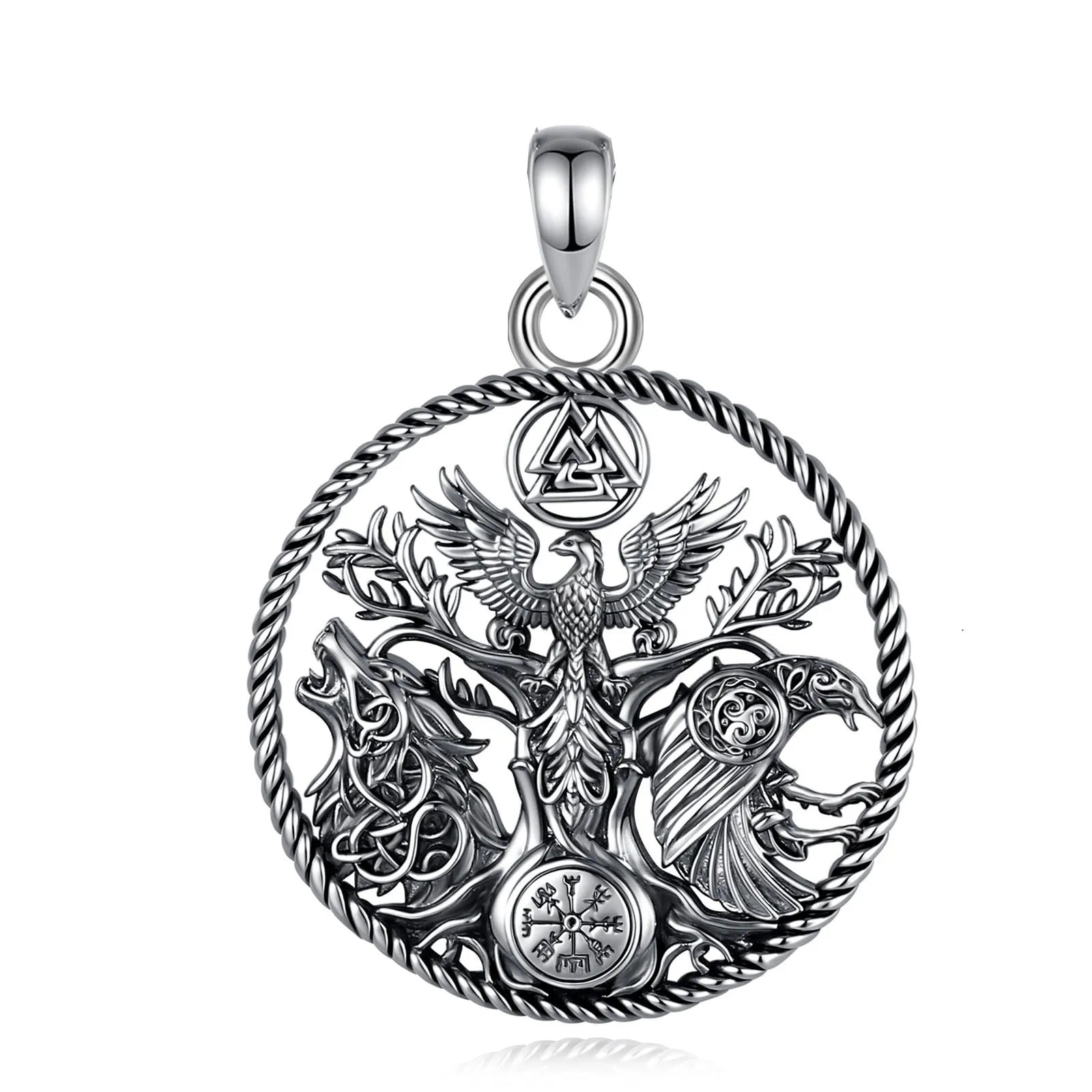 925 Silver Viking Raven Wolf Necklace – Phoenix Tree of Life Compass Norse Pendant-MoonChildWorld